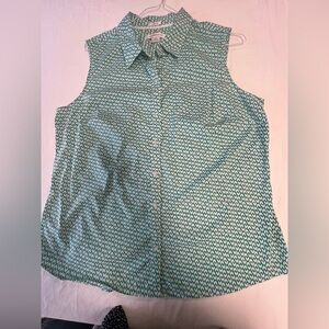LIZ CLAIBORNE STRETCH, SLEEVELESS, 
COLLARED BLOUSE TURQUOISE GREEN/WHITE
XL